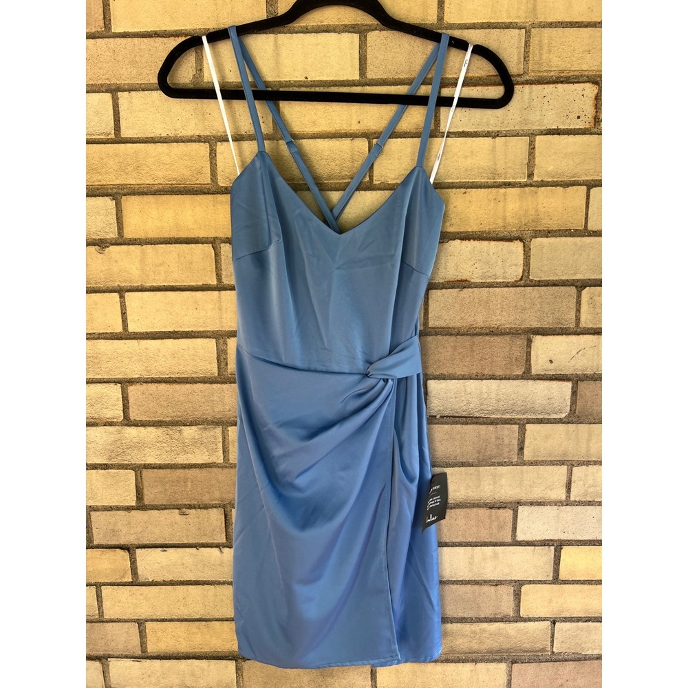 NWT Lulus Slate Blue Satin Faux Wrap Mini Dress XS Party Cocktail